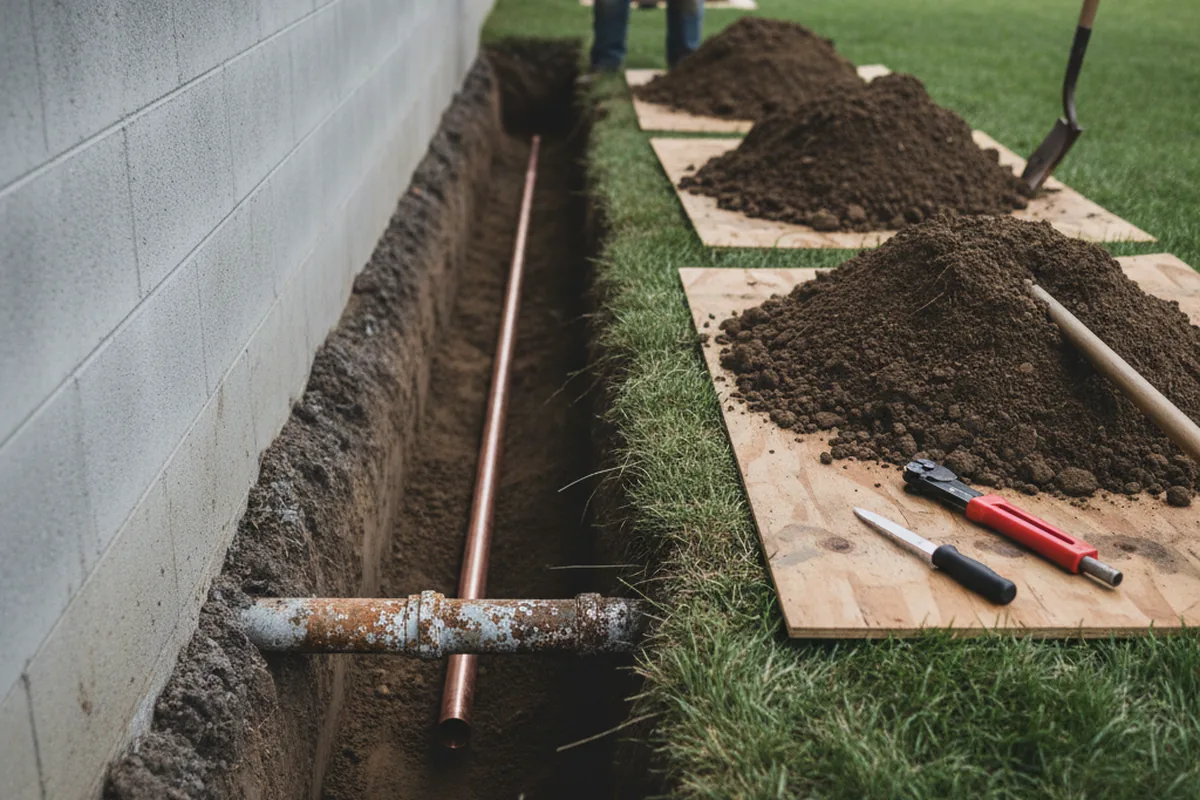 Excavated water line trench during Water Softener Installation in San Bernardino